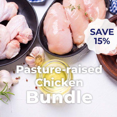 Pasture-raised chicken wings, breast, and drumsticks with a discount label on a white background