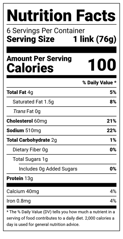 Nutrition label for Chicken Feta/Spinach Sausage Links - (5-6 links) 1 lb. pkg