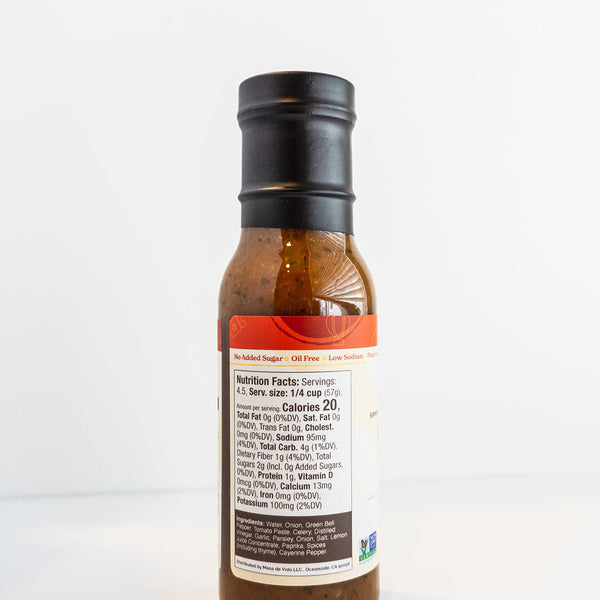 Mesa de Vida all-natural Creole meal starter sauce sitting upright on counter showing nutrition facts