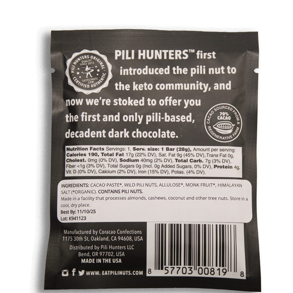pili hunters keto chocolate back of package nutrition