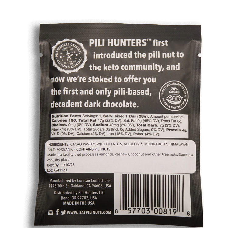 pili hunters keto chocolate back of package nutrition