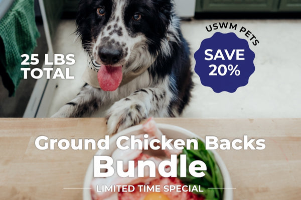 Dog reaching for bowl on counter, ground chicken backs sale