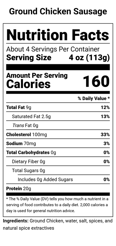 Nutrition label for Pasture-Raised Chicken Sausage - 1 lb