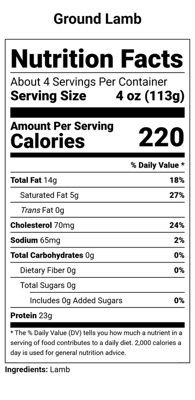 Nutrition label for Ground Lamb - 1 lb