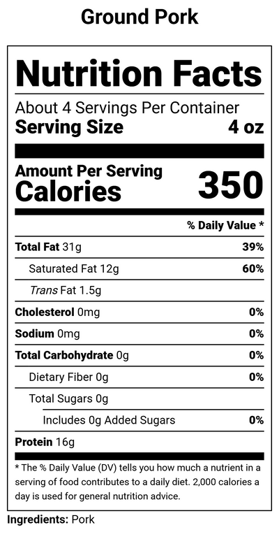 Nutrition label for Ground Pork - 1 lb