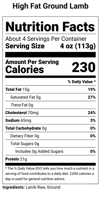 Nutrition label for High Fat Ground Lamb - 1 lb.