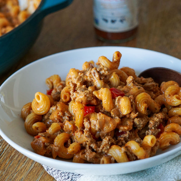 Homemade Hamburger pasta with Mesa de Vida Moroccan Inspired Sauce