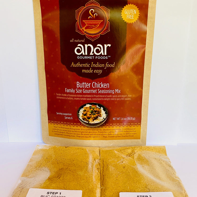 Anar Gourmet Foods Butter Chicken seasoning mix packaging on a white background