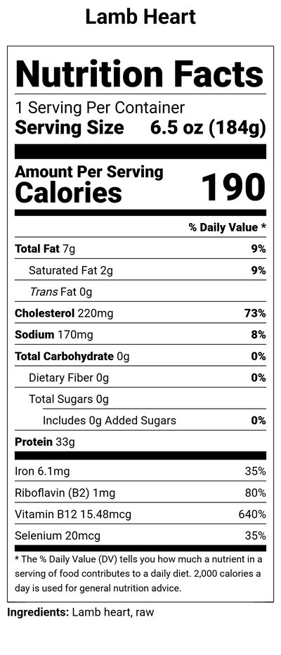Nutrition label for Lamb Heart - 6.5 oz.