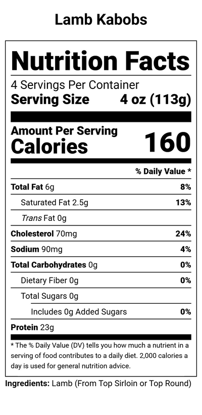 Nutrition label for Lamb Kabobs - 1 lb.