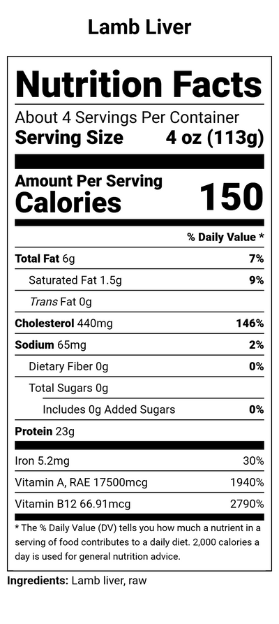 Nutrition label for Lamb Liver - 1 lb.