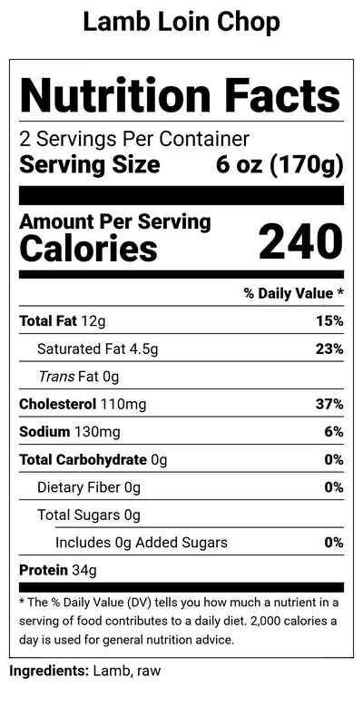 Nutrition label for Lamb Loin Chop - 2 (6oz.) chops