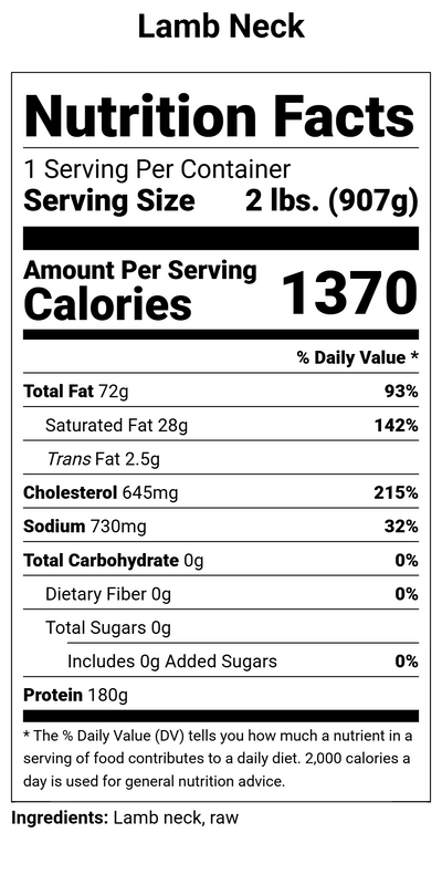 Nutrition label for Lamb Necks - 2 lbs.