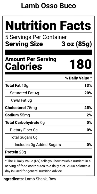 Nutrition label for Lamb - Osso Buco (shank) - 1 lb.