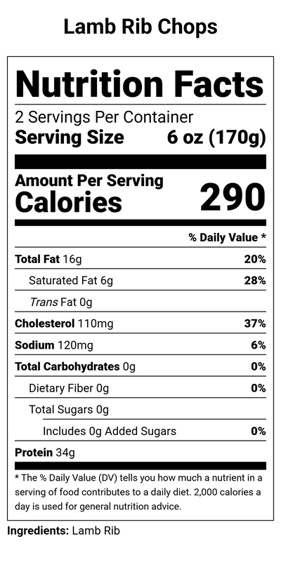 Nutrition label for Lamb Rib Chops - 2 (6oz.) chops