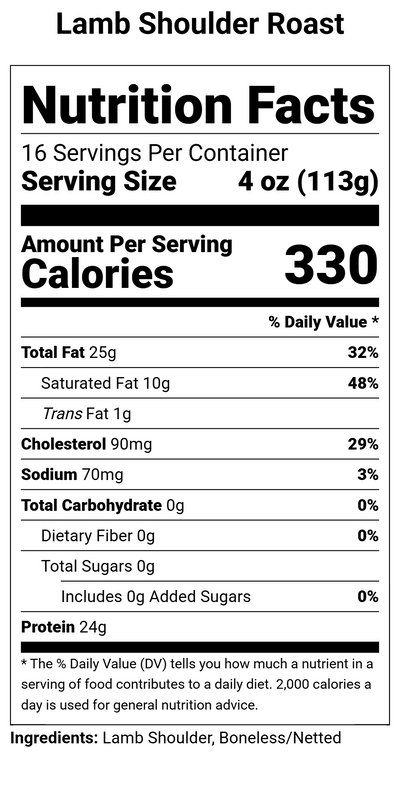 Nutrition label for Lamb Shoulder Roast - 4 lbs.