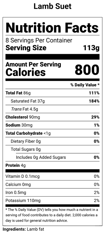 Nutrition label for Lamb Suet - 2 lbs.