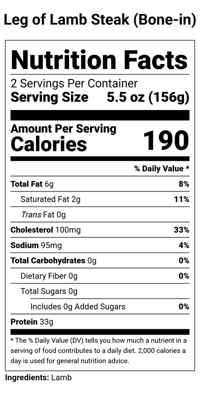 Nutrition label for Leg of Lamb Steak (Bone-In) - 11 oz.