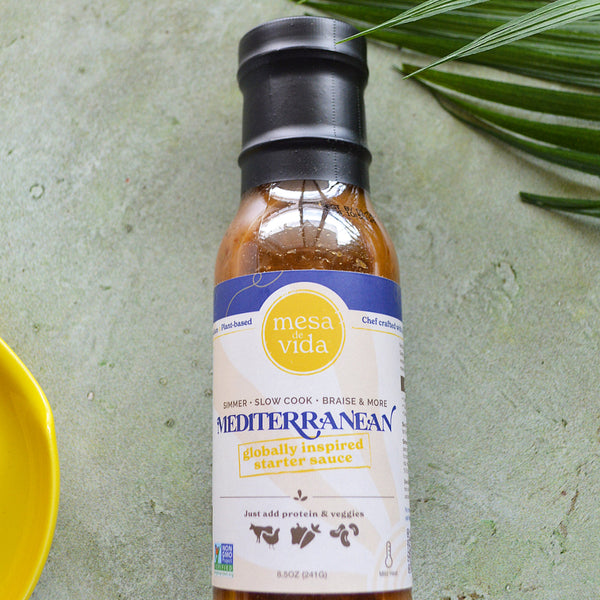 Mesa de Vida all-natural Mediterranean meal starter sauce laying on counter