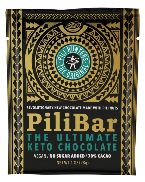 pili hunters keto chocolate bar front of pkg