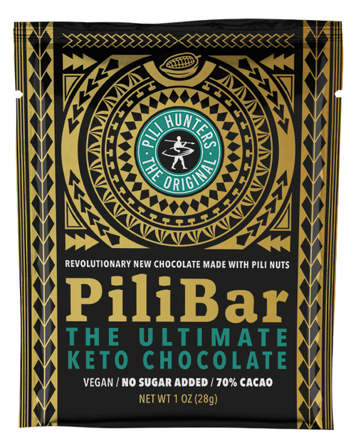 pili hunters keto chocolate bar front of pkg