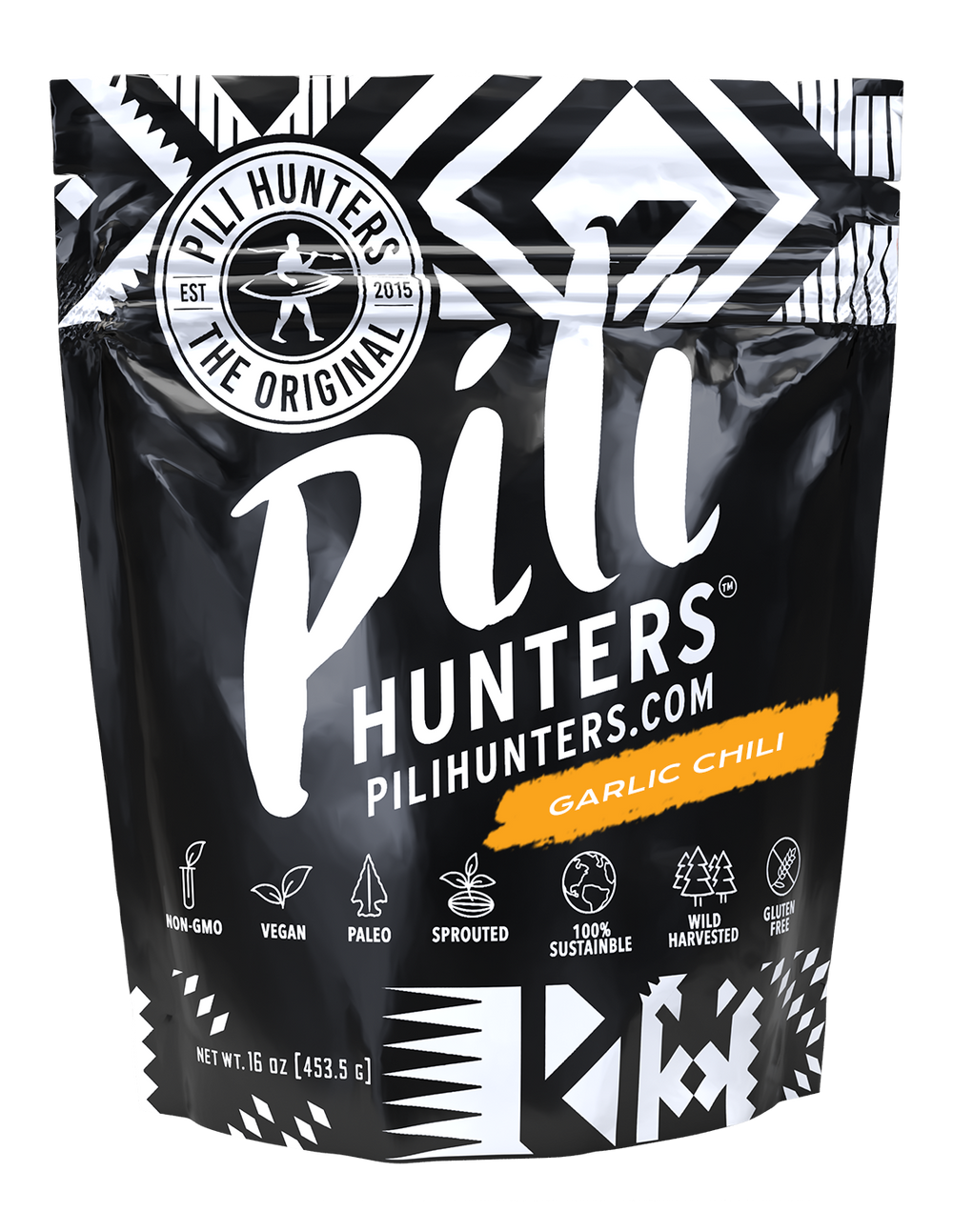 pili hunters garlic chili nuts front of pkg