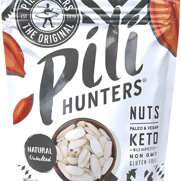 pili hunters natural unsalted nuts, front of pkg