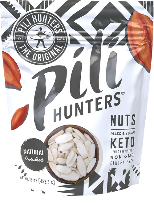 pili hunters natural unsalted nuts, front of pkg