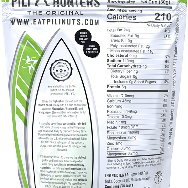 pili hunters nuts original with coconut oil and salt, nutrition facts, ingredients