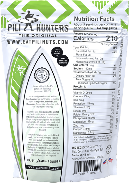 pili hunters nuts original with coconut oil and salt, nutrition facts, ingredients