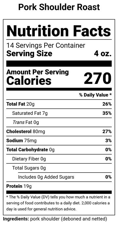 Nutrition label for Pork Shoulder Roast - 3.5 lbs