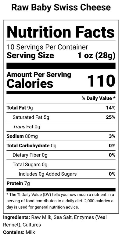 Nutrition label for Raw Grass-Fed Baby Swiss Cheese - 10.5 oz