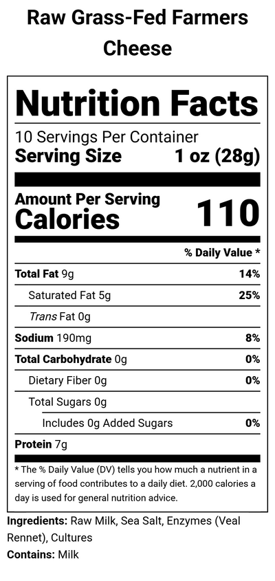 Nutrition label for Raw Grass-Fed Farmers Cheese - 10.5 oz
