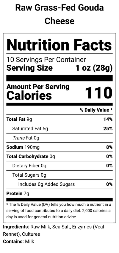 Nutrition label for Raw Grass-Fed Gouda Cheese - 10.5 oz