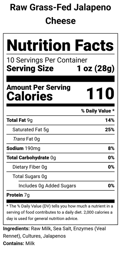 Nutrition label for Raw Grass-Fed Jalapeno Cheese - 10.5 oz