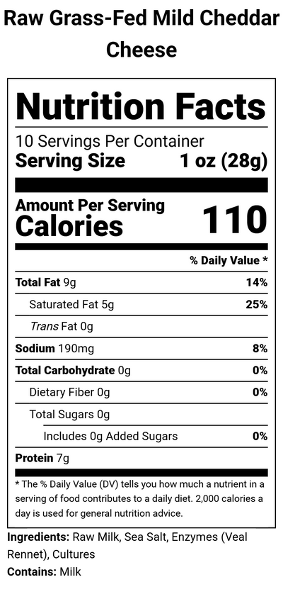Nutrition label for Raw Grass-Fed Mild Cheddar Cheese - 10.5 oz