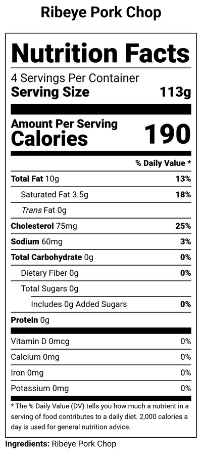 Nutrition label for Ribeye Pork Chop - 16oz