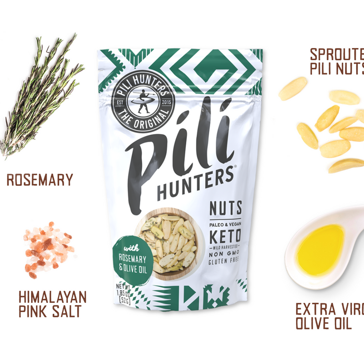 pili hunters rosemary and olive nuts front of package, ingredients