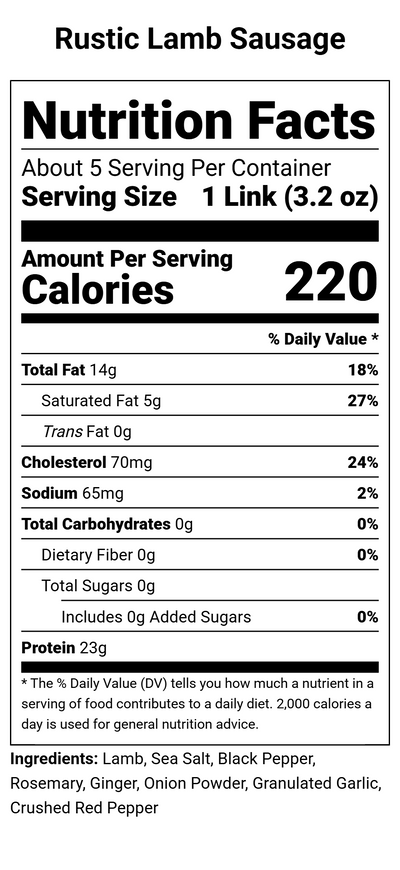 Nutrition label for Rustic Lamb Sausage Links - 1 lb pkg