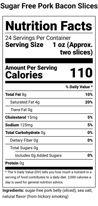 Nutrition label for Sugar Free Pork Bacon Slices (1.5 lbs)