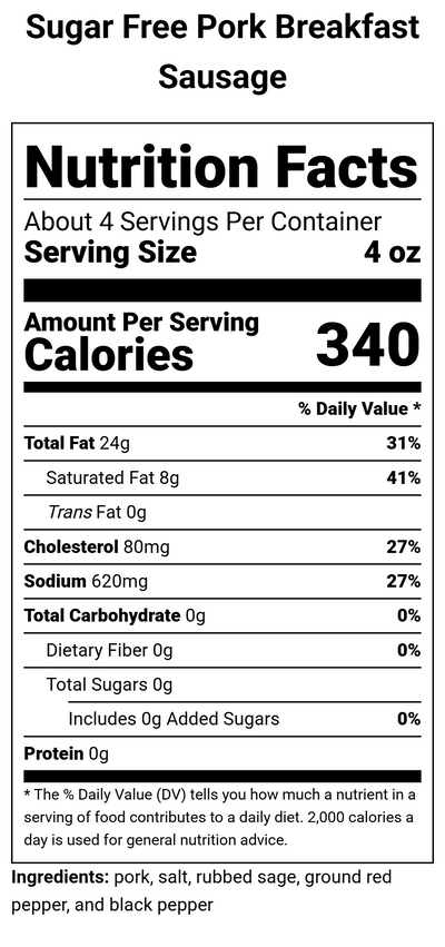 Nutrition label for Sugar Free Pork Breakfast Sausage - 1 lb