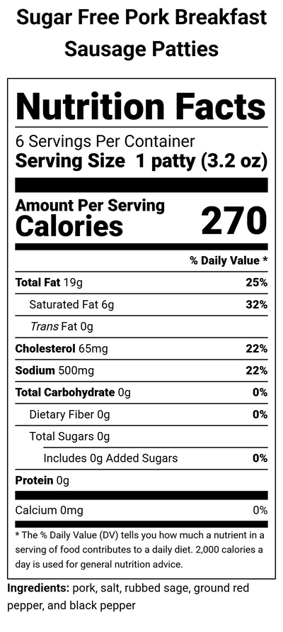 Nutrition label for Sugar Free Pork Breakfast Sausage Patties - 6 (3.2 oz)