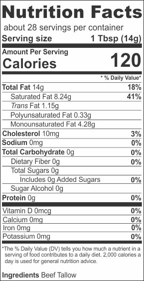 Nutrition label for Premium Beef Tallow (Triple Filtered) - 1 Gallon Pail