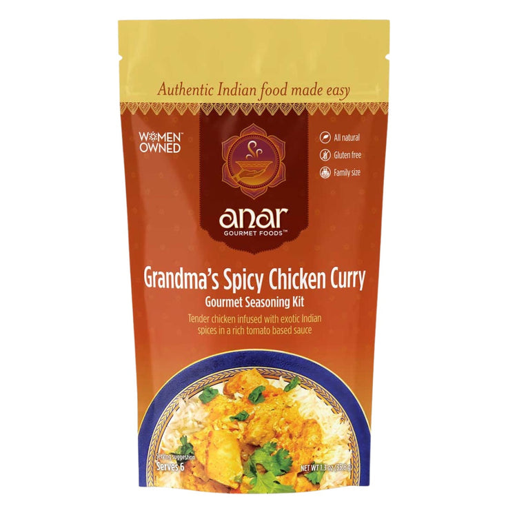 Anar Gourmet Foods Grandma's Spicy Chicken Curry seasoning kit packaging on a white background