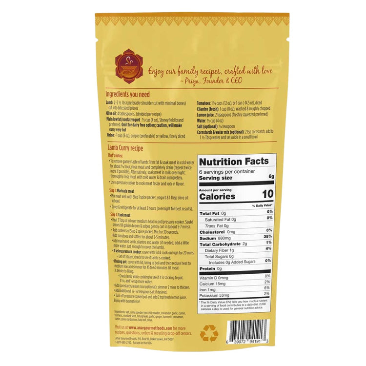 Lamb curry recipe packaging with nutritional information on a white background