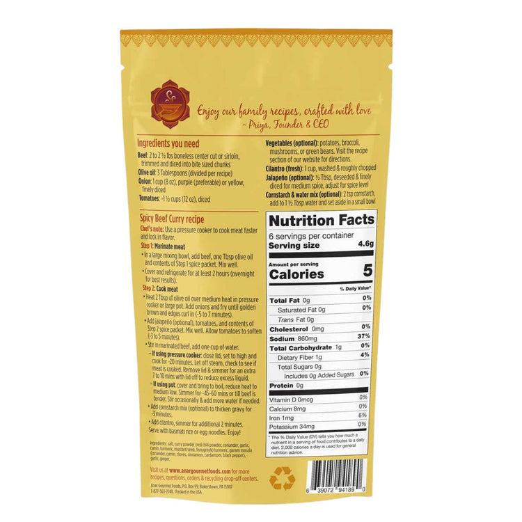 Spicy Beef Curry recipe packaging with nutritional information on a white background