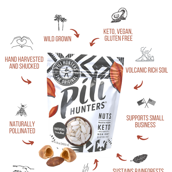 pili hunters natural unsalted nuts, front of pkg, company ideals, wild grown, sustainable