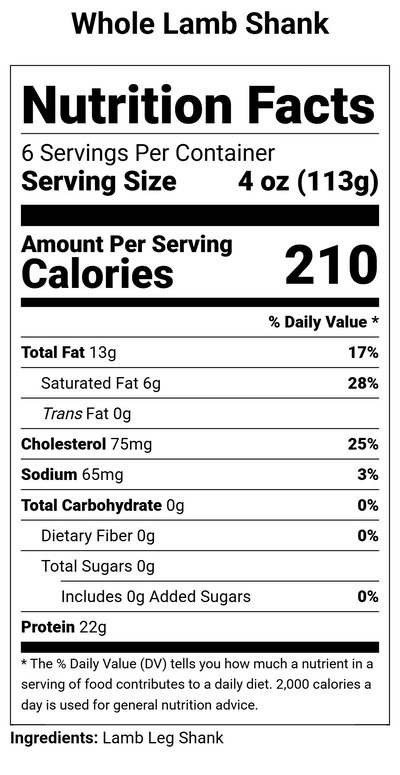 Nutrition label for Whole Lamb Shank - 1.5 lbs.