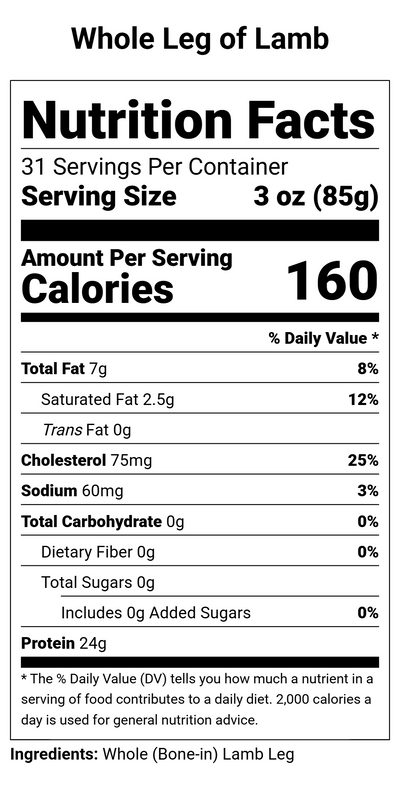 Nutrition label for Whole Leg of Lamb - 5.8 lbs.