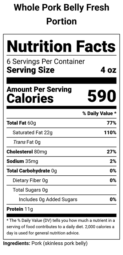 Nutrition label for Whole Pork Belly Fresh Portion - 1.5 lbs